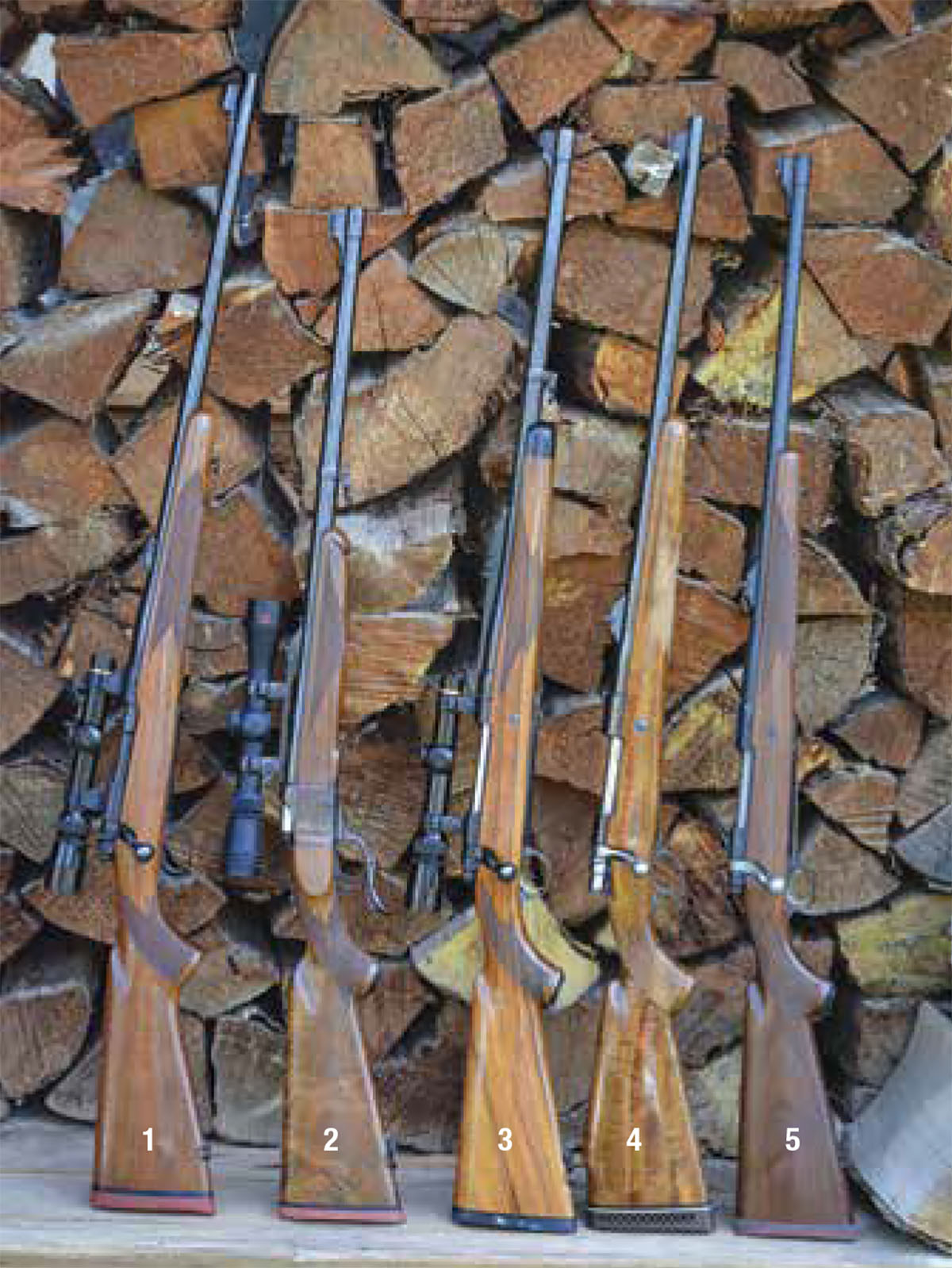 The 375 is a true classic medium-bore caliber and has been offered in many rifles: (1) Winchester pre-’64 Model 70, (2) Ruger No. 1, (3) Ruger M77 Express Magnum and (4) Browning High-Power Safari. All are chambered in 375 H&H Magnum, while the (5) Ruger M77 Hawkeye is chambered in 375 Ruger.